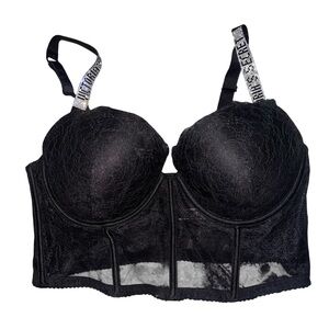 EUC Victoria's Secret Black Lace Corset Rhinestone Embellished Straps Size 38D